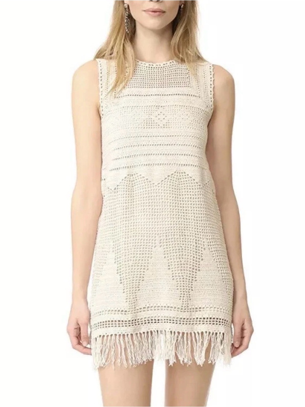 JOIE Agoti Crochet Fringe Mini Dress in Cream/Natural size XXS